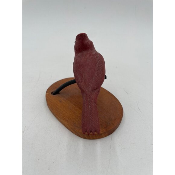 Hand-Carved Wooden Red Cardinal Figurine On Base - Picture 2 of 4